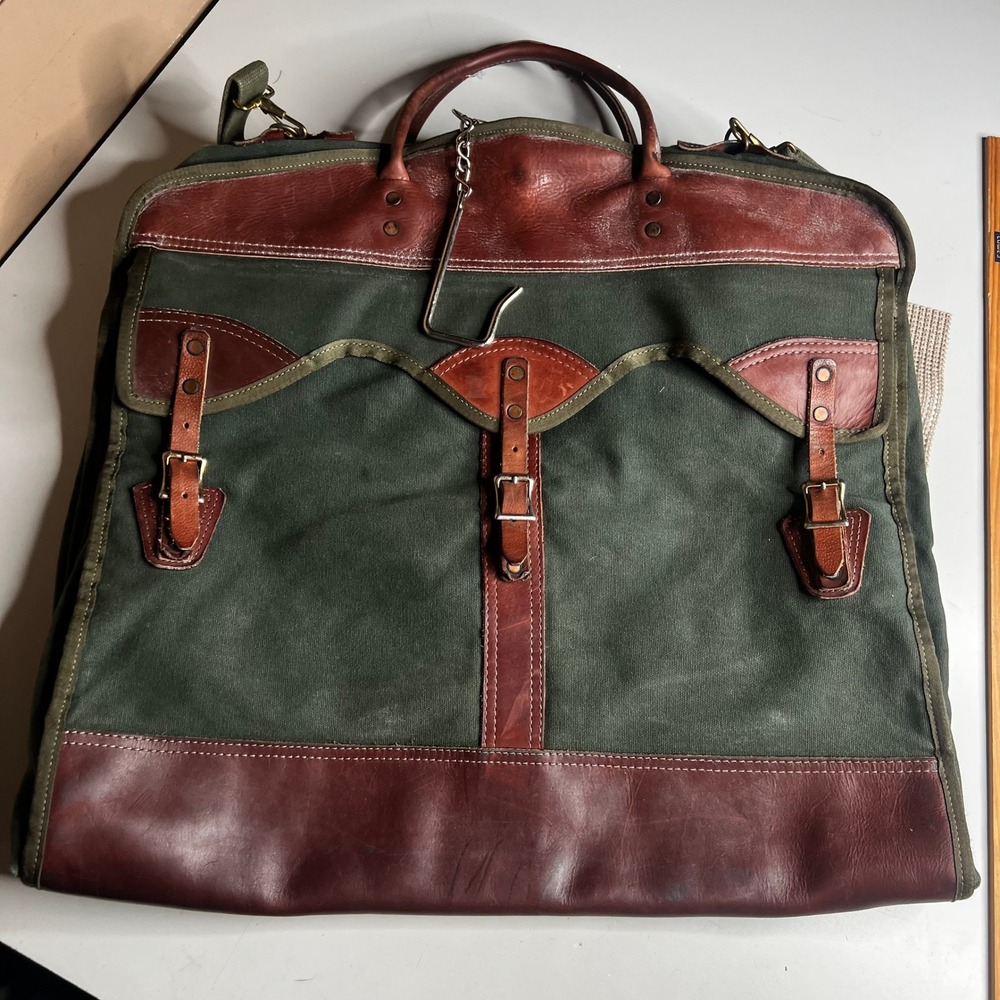 Orvis Garment Bag Vintage Canvas Leather Trim Olive Green Brown Travel Suit Bag